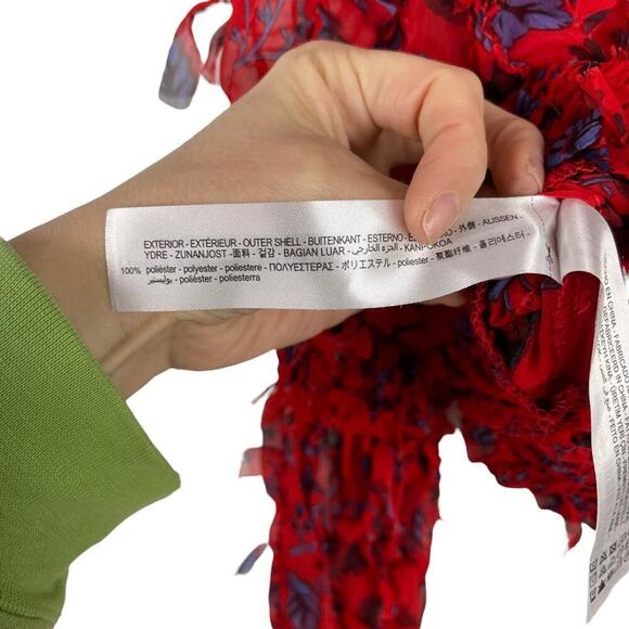 Red Floral Smocked Sheer Blouse Zara Fringing Cropped Top Long Sleeve Size XS - Picture 12 of 16